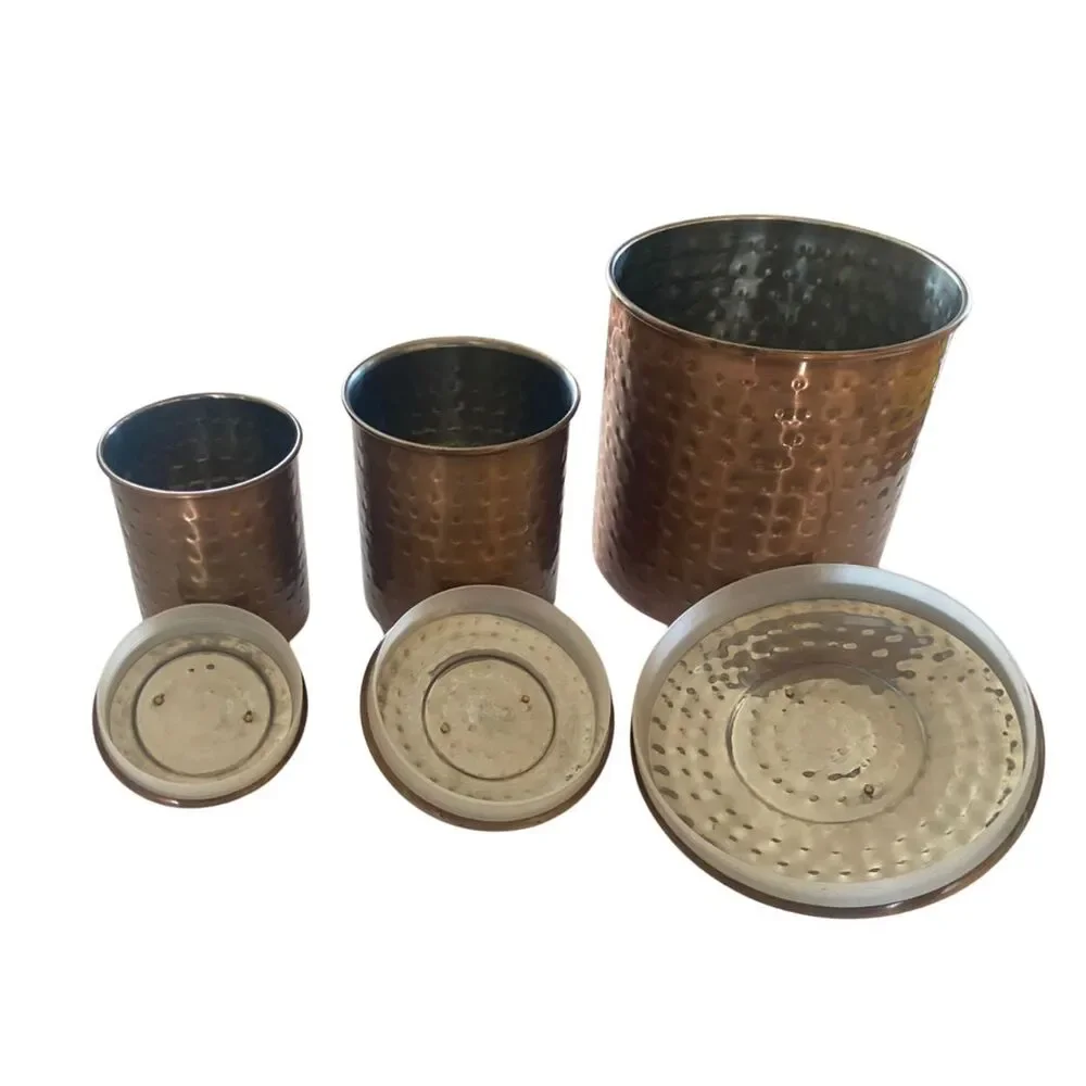 Hammered Copper Nesting Canister Set 3 Brass Handles Stainless India